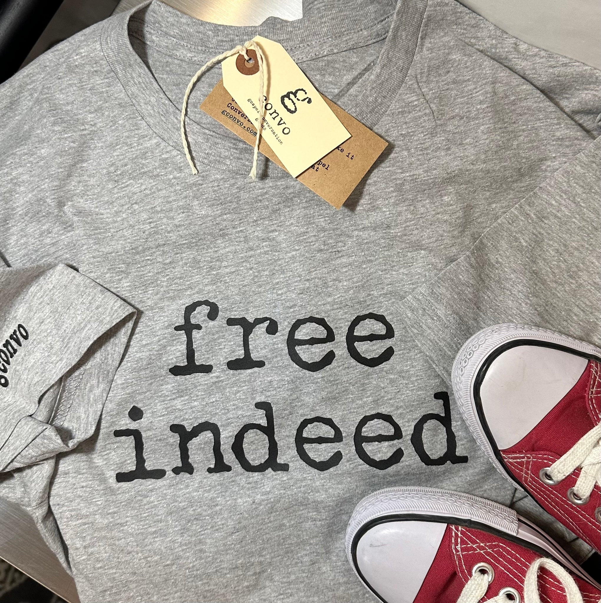 "free indeed" Short Sleeve Tee Shirt, Crew Neck, Athletic Heather Gray