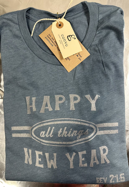 Happy All Things New Year, Short Sleeve Tee Shirt, Crew Neck, Heather Slate