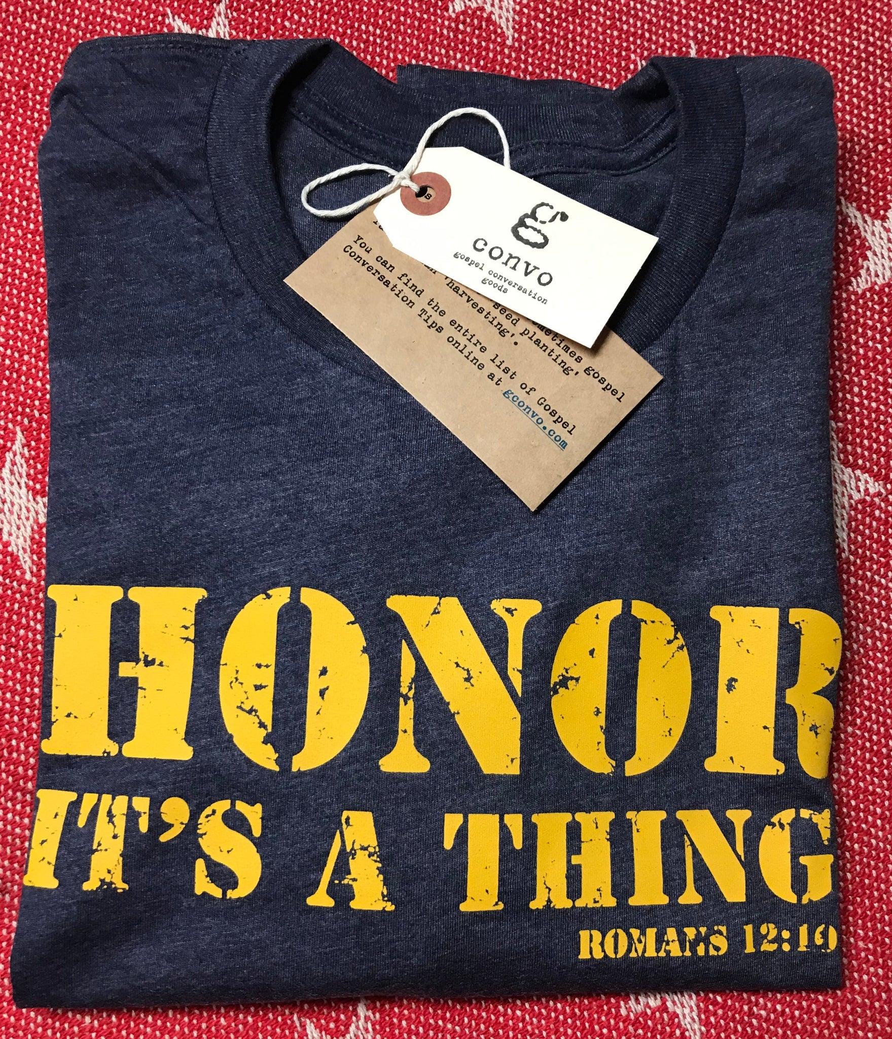 "HONOR. It's a thing." Short Sleeve Tee Shirt, Crew Neck, Heather Midnight Navy, Gold