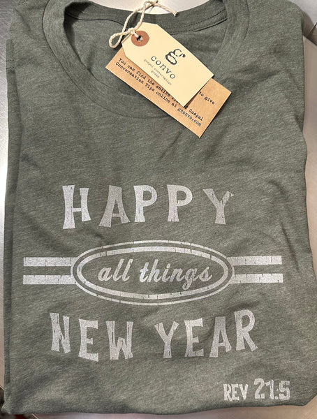 Happy All Things New Year, Short Sleeve Tee Shirt, Crew Neck, Heather Military Green