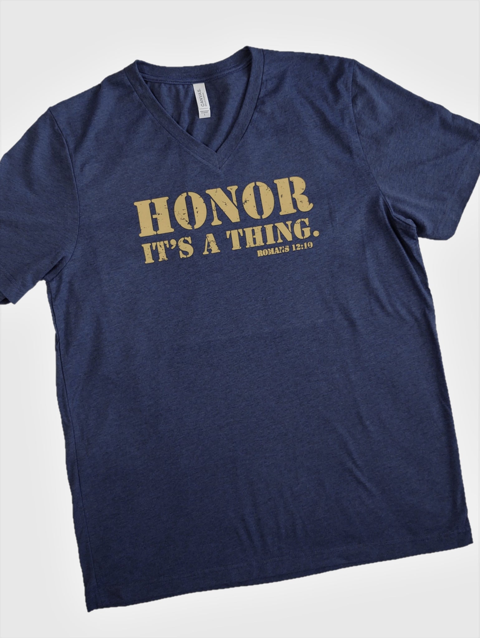 "HONOR. It's a thing." Short Sleeve Tee Shirt, V-Neck, Navy Tri-Blend, Gold