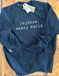 "rejoice weary world", Crew Neck Sweatshirt, Matte Black, White