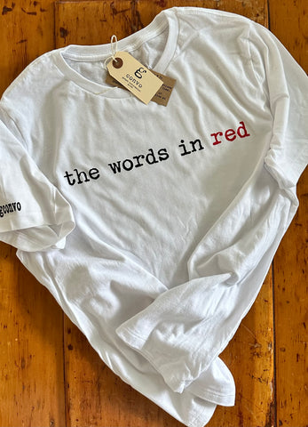 the words in red. Crew Neck, Short Sleeve Women's Tee, White, 100% Cotton