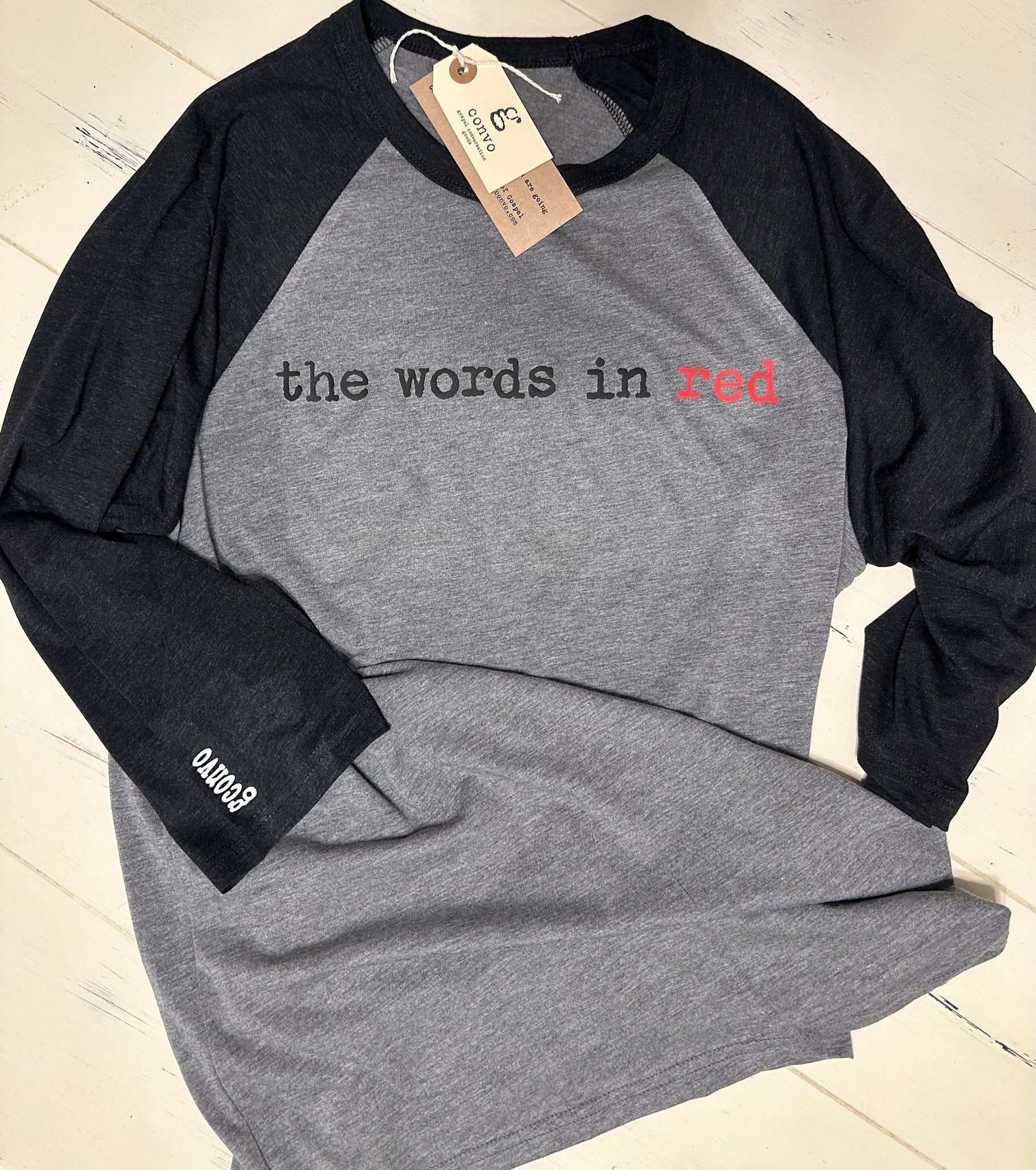 Words in Red. 3/4 Sleeve Raglan, Heather Charcoal, Gray, TriBlend, Unisex