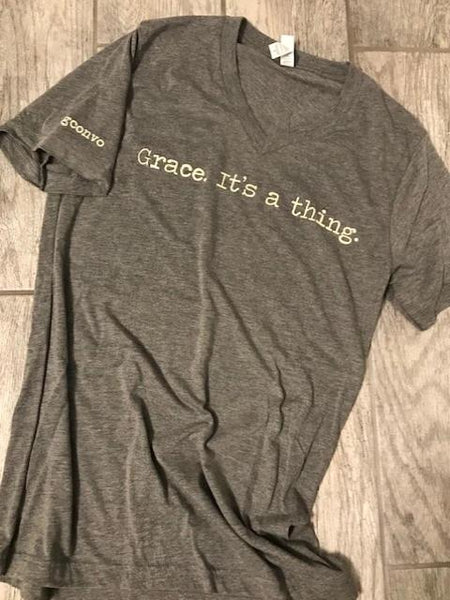 "Grace. It's a thing." Short Sleeve Tee Shirt, V-Neck, Athletic Grey