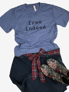 "free indeed" Short Sleeve Tee Shirt, V-Neck, Heather Blue Tri-Blend