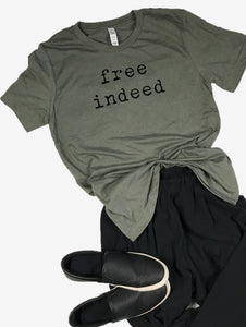 "free indeed" Short Sleeve Tee Shirt, Crew Neck, Heather Military Green
