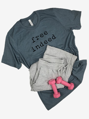 "free indeed" Short Sleeve Tee Shirt, Crew Neck, Heather Slate Blue
