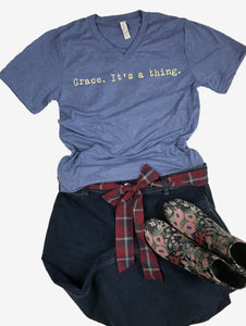"Grace. It's a thing." Short Sleeve Tee Shirt, V-Neck, Heather Blue Tri-Blend