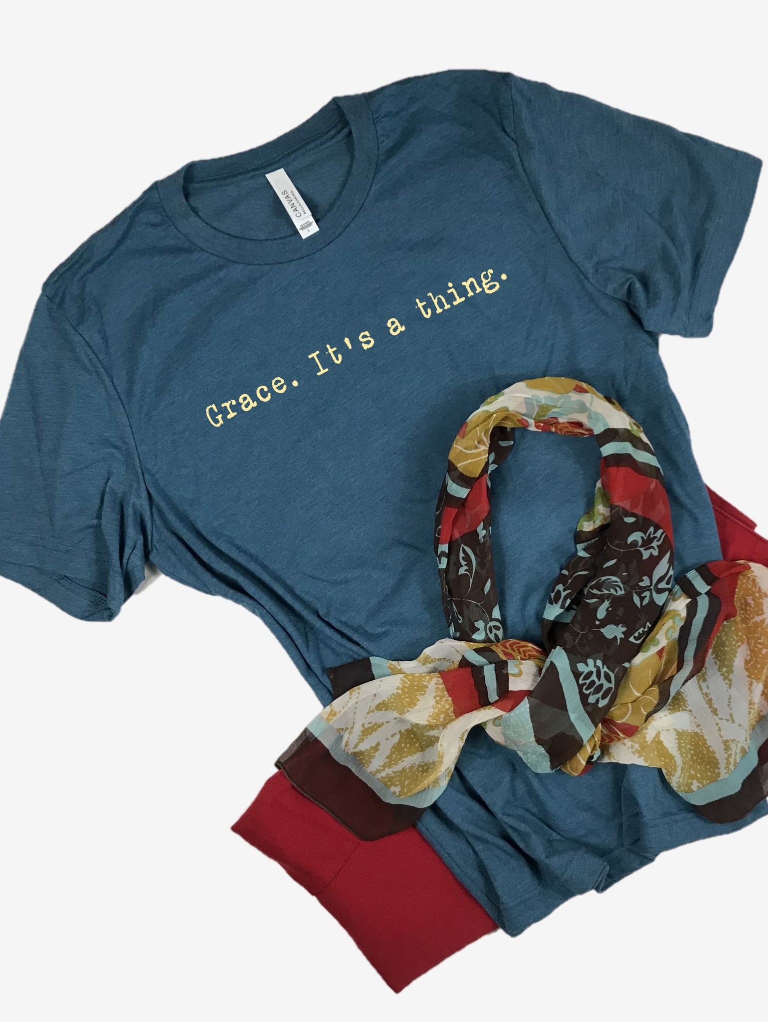 "Grace. It's a thing." Short Sleeve Tee Shirt, Crew Neck, Heather Teal