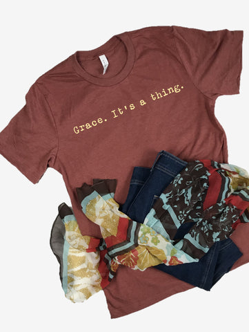 "Grace. It's a thing." Short Sleeve Tee Shirt, Crew Neck, Heather Clay