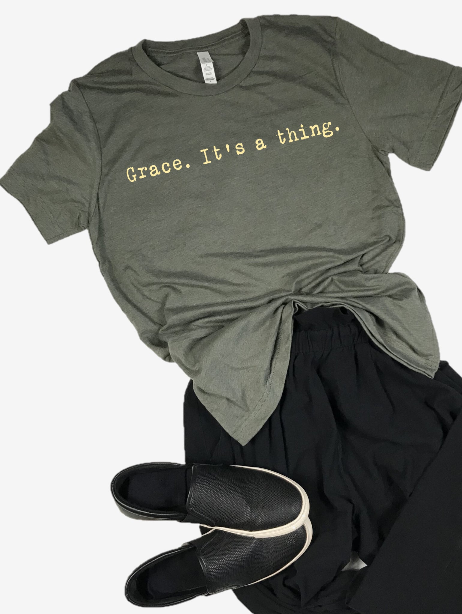 "Grace. It's a thing." Short Sleeve Tee Shirt, Crew Neck, Heather Military Green