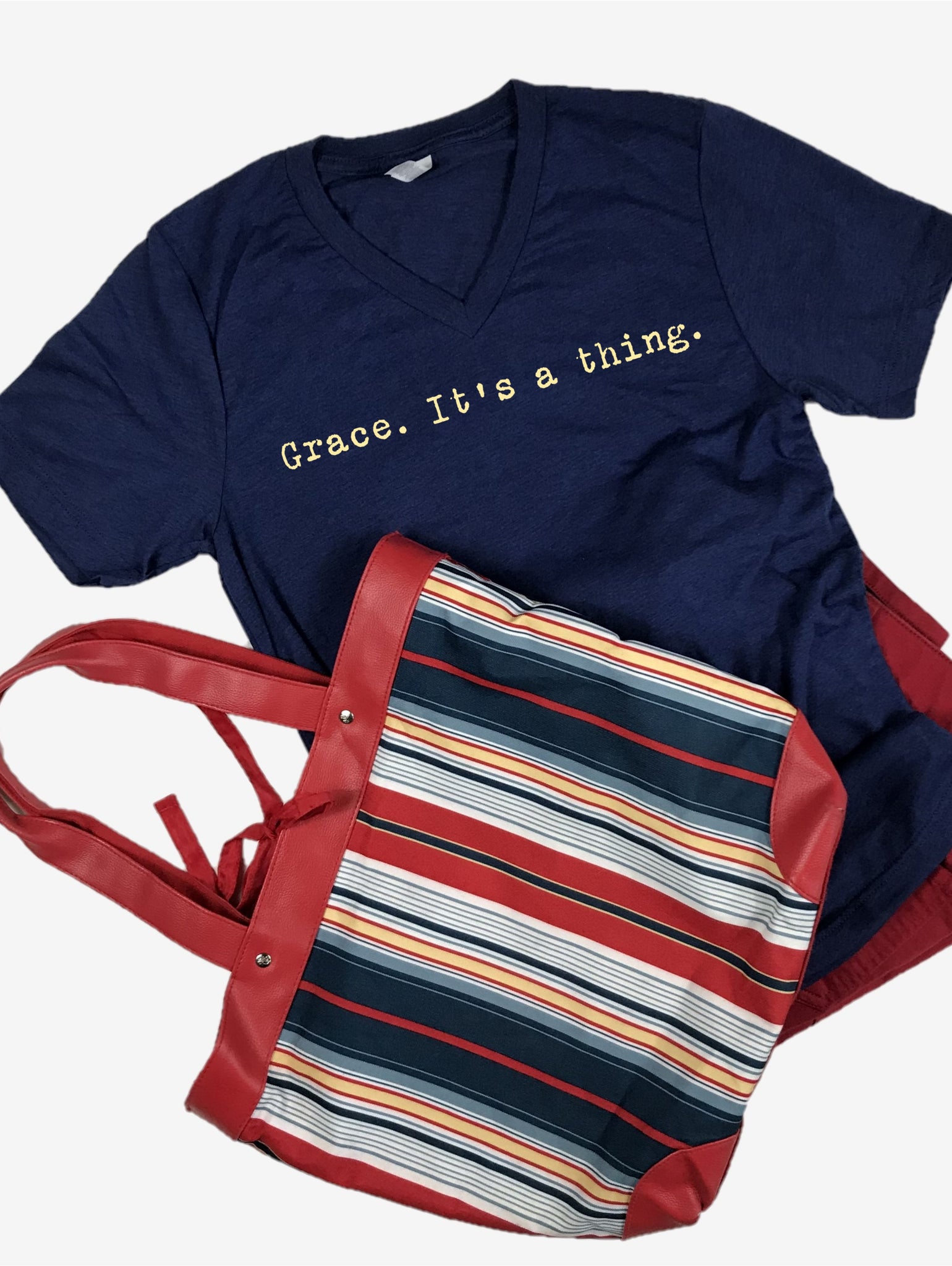 "Grace. It's a thing." Short Sleeve Tee Shirt, V-Neck, Navy Tri-Blend