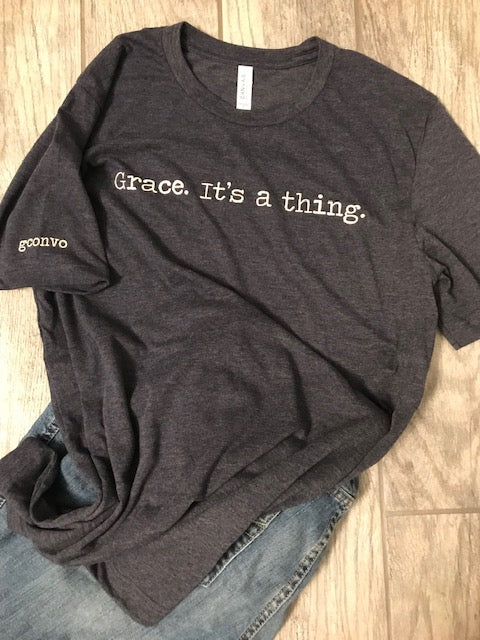 "Grace. It's a thing." Short Sleeve Tee Shirt, Crew Neck, Heather Midnight Navy