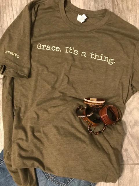 "Grace. It's a thing." Short Sleeve Tee Shirt, Crew Neck, Heather Olive