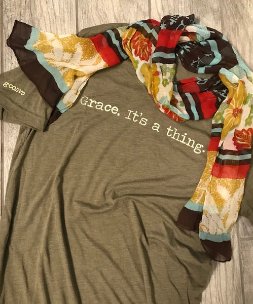 "Grace. It's a thing." Short Sleeve Tee Shirt, V-Neck, Heather Olive
