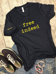 "free indeed" Short Sleeve Tee Shirt, V-Neck, Navy