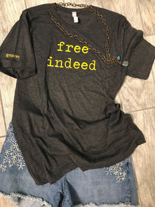 "free indeed" Short Sleeve Tee Shirt, Crew Neck, Dark Gray Heather