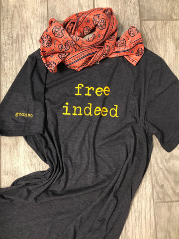 "free indeed" Short Sleeve Tee Shirt, Crew Neck, Heather Midnight Navy