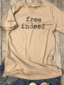 "free indeed" Short Sleeve Tee Shirt, Crew Neck, Heather Tan