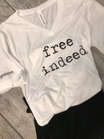 "free indeed" Short Sleeve Tee Shirt, V-Neck, Solid White Tri-Blend