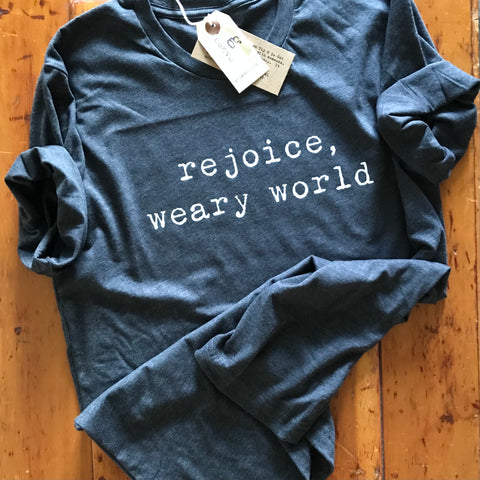 "rejoice weary world", Short Sleeve Tee Shirt, Crew Neck, Dark Gray Heather