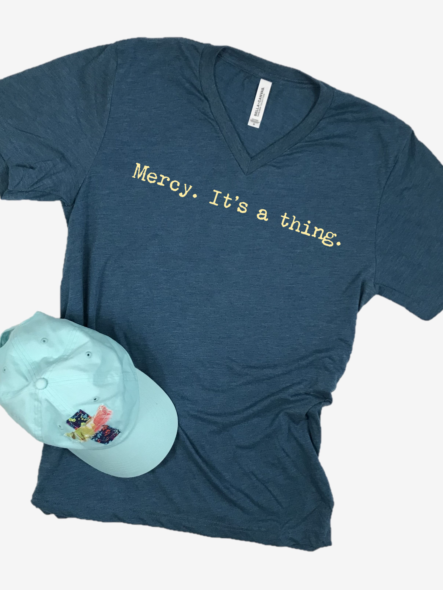 "Mercy. It's a thing." Short Sleeve Tee Shirt, V-Neck, Steel Blue Tri-Blend