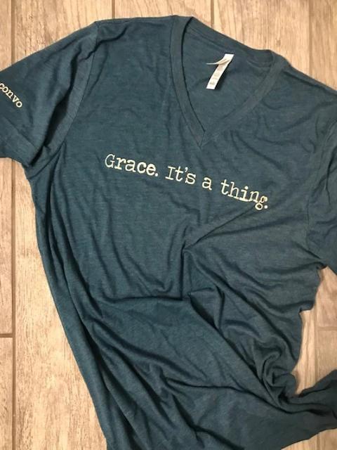 "Grace. It's a thing." Short Sleeve Tee Shirt, V-Neck, Steel Blue