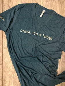 "Grace. It's a thing." Short Sleeve Tee Shirt, V-Neck, Steel Blue