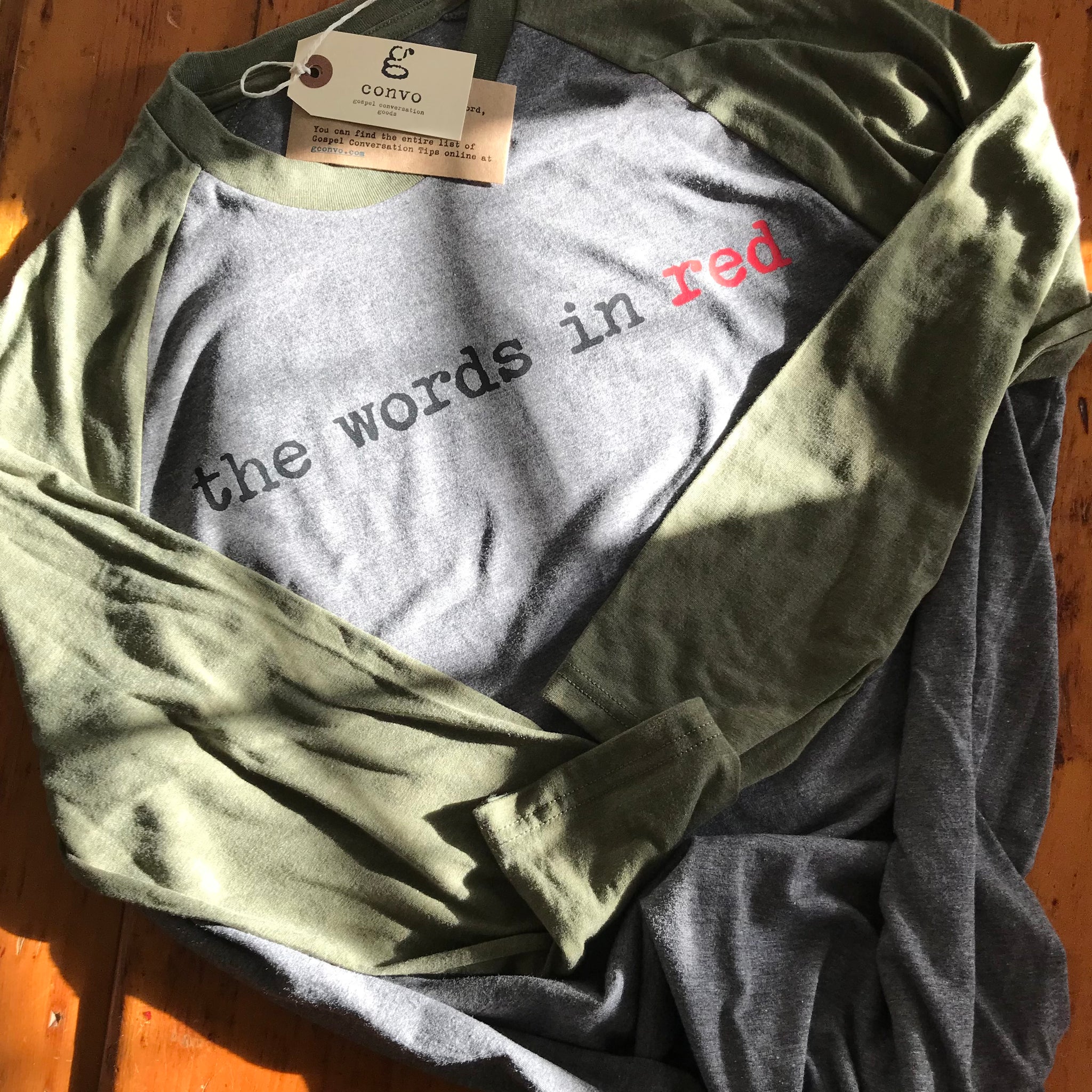 "the words in red." 3/4 Sleeve Raglan Military Green/Gray Frost, Women's