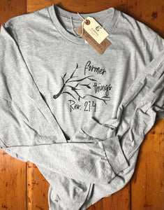 "Former things" Long Sleeve, Crew Neck Tee, Heather Athletic Gray
