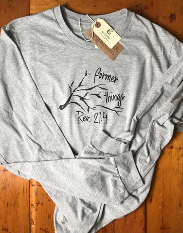 "Former things" Long Sleeve, Crew Neck Tee, Heather Athletic Gray