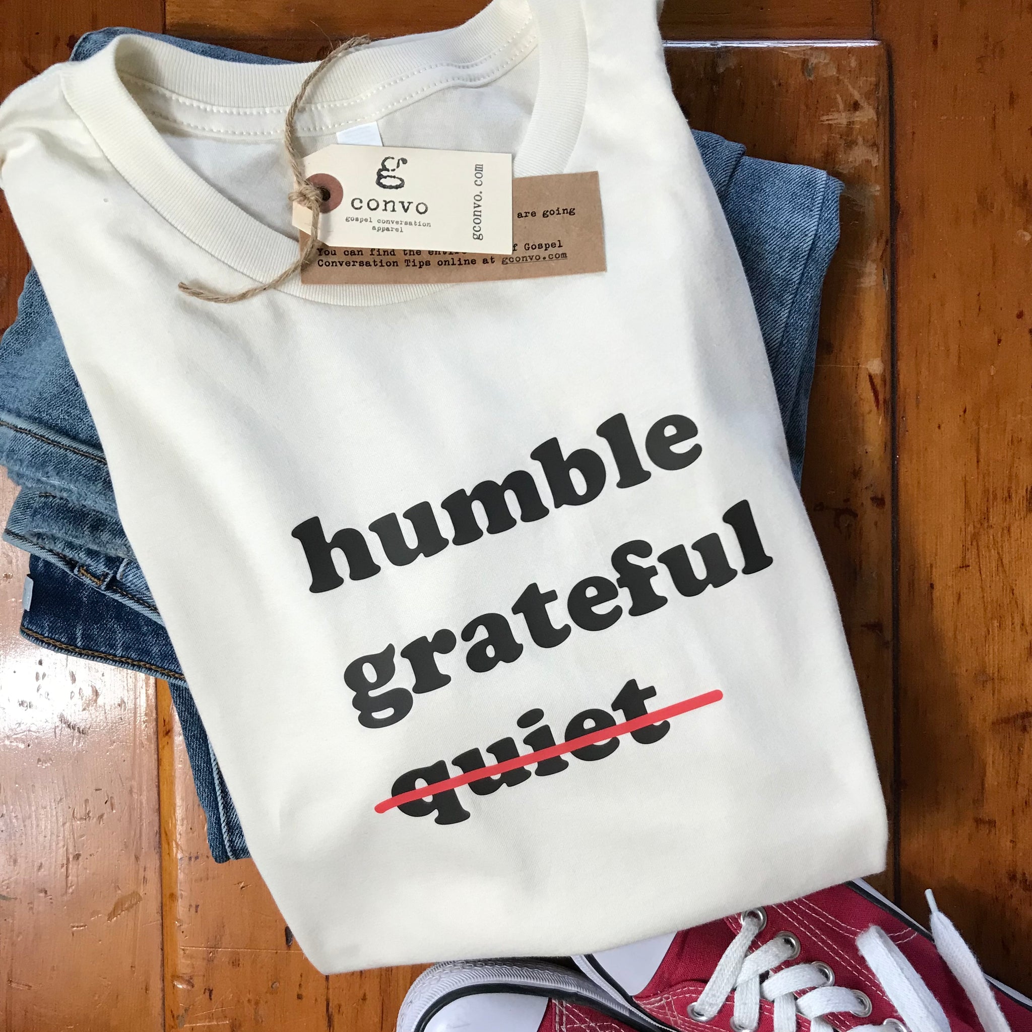 humble, grateful, (not) quiet, Crew Neck, Short Sleeve Tee, Natural, 100% Cotton