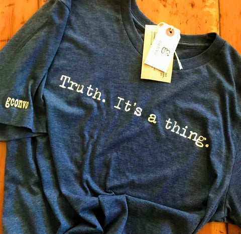 "Truth. It's a thing." Short Sleeve Tee Shirt, Crew Neck, Heather Midnight Navy