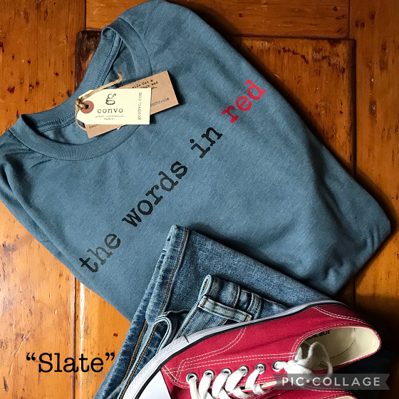 the words in red. Crew Neck, Short Sleeve Tee, Slate